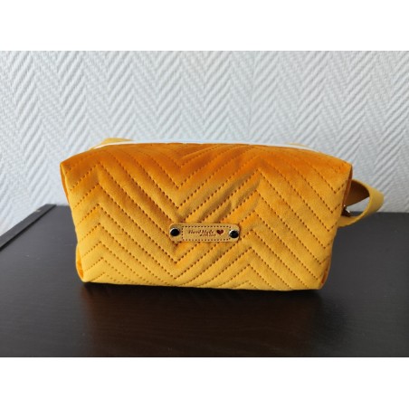 Trousse de toilette en velours matelassé jaune d'or tout doux avec poignée