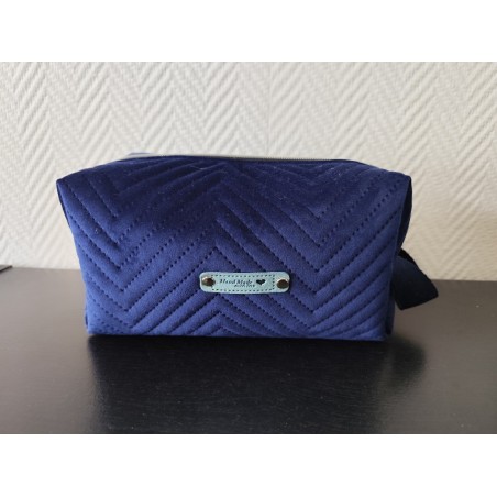 Trousse de toilette en velours matelassé bleu outremer tout doux avec poignée