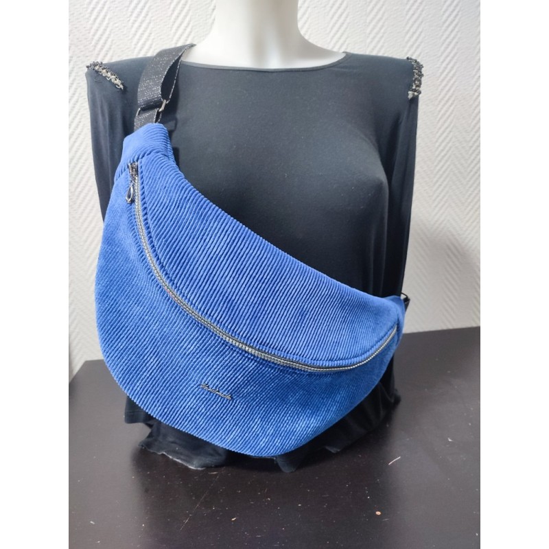 Sac banane xl velours bleu électrique et imprimé eventail bleu