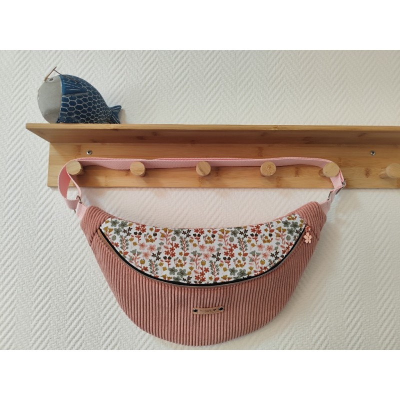 Sac banane xl velours rose et imprimé fleuri ocre
