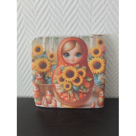 Pochette en velours imprimé poupée russe et tournesols- 20x20 cm