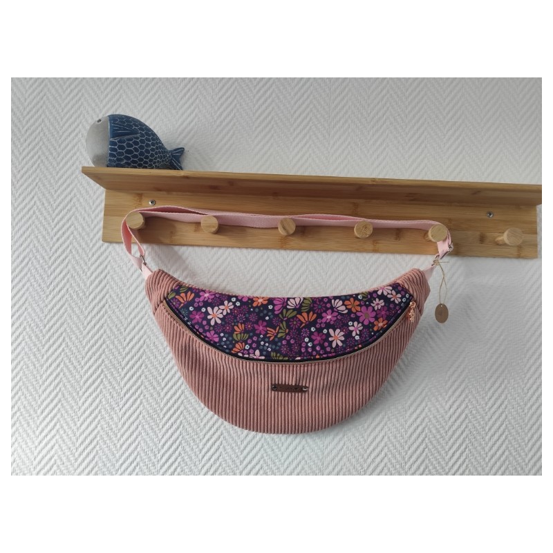 Sac banane xl velours rose et imprimé fleuri mauve
