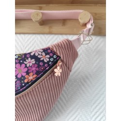 Sac banane xl velours rose et imprimé fleuri mauve