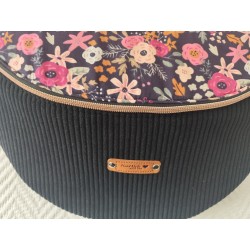 Sac banane xl velours noir et imprimé fleuri rose fond noir