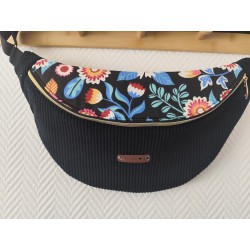 Sac banane xl velours noir et imprimé fleuri sixties fond noir