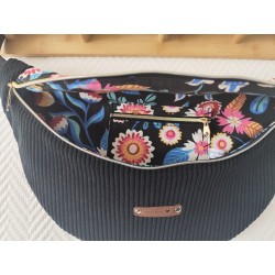 Sac banane xl velours noir et imprimé fleuri sixties fond noir