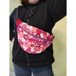 Sac banane velours matelassé fleuri et imprimé fleuri et velours côtelé bordeau