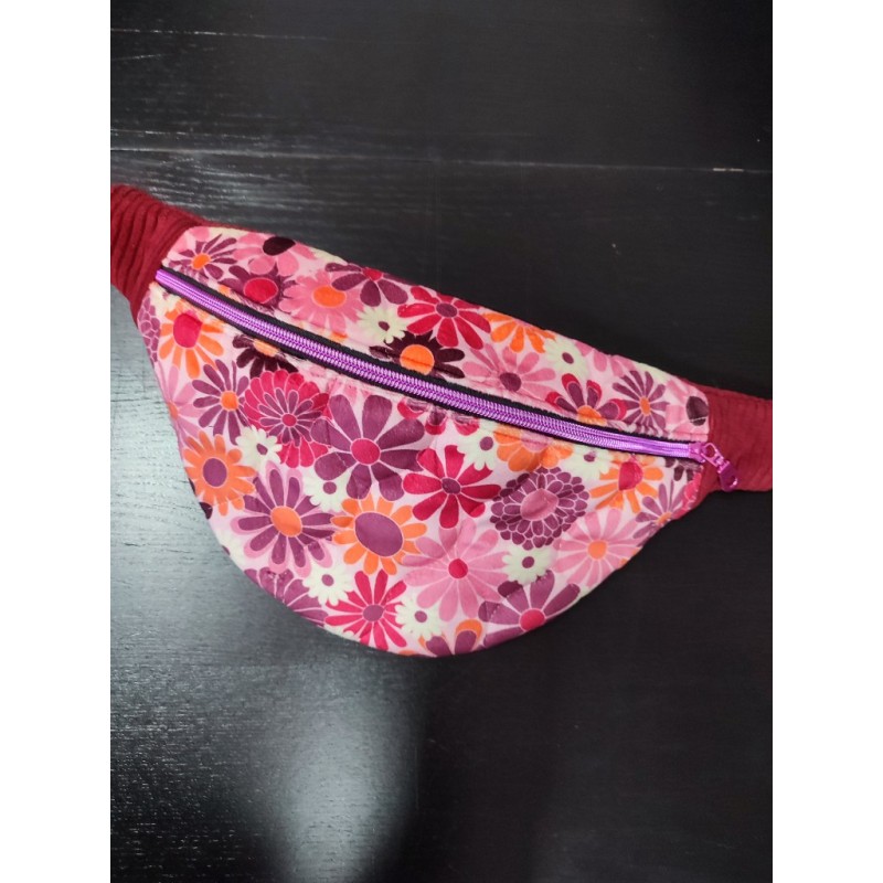 Sac banane velours matelassé fleuri et imprimé fleuri et velours côtelé bordeau