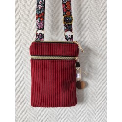 Pochette téléphone velours bordeau et imprimé fleuri fond noir