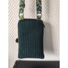 Pochette téléphone velours vert sapin doublure fleurie fond vert