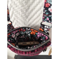 Pochette téléphone velours grenat à pois noir et imprimé fleuri fond noir