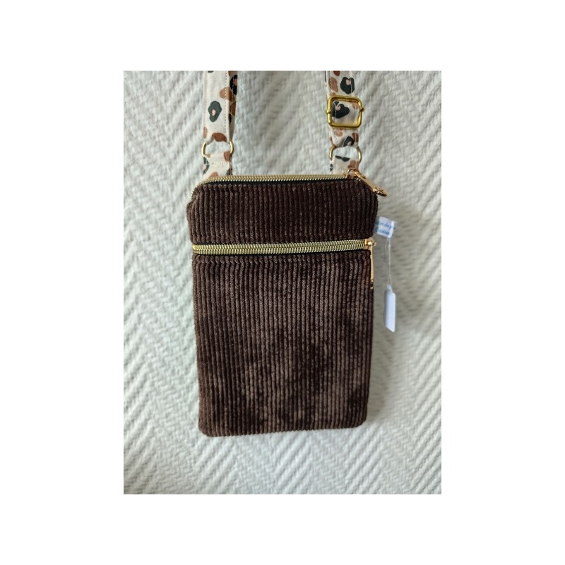 Pochette téléphone velours marron chocolat et doublure léopard écru