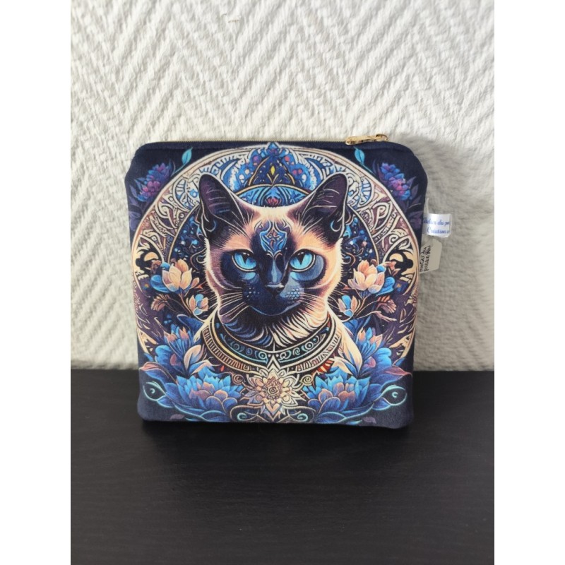 Pochette en velours imprimé chat sacré ETT fleurs marines- 20x20 cm