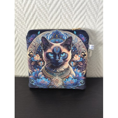 Pochette en velours imprimé chat sacré ETT fleurs marines- 20x20 cm