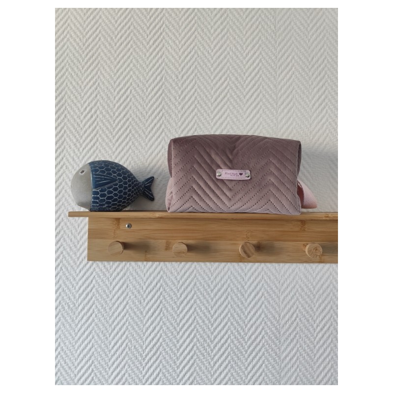 Trousse de toilette en velours matelassé rose parme tout doux  avec poignée