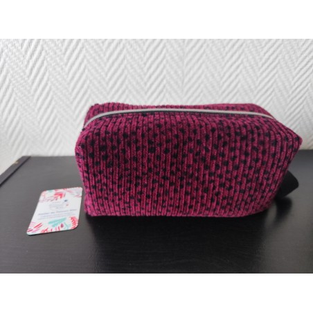 Trousse de toilette en velourscôtelé grenat à pois noir avec poignée