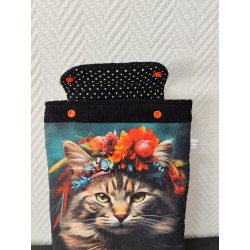 Pochette à livre molletonnée imprimé chat avec couronne de fleurs